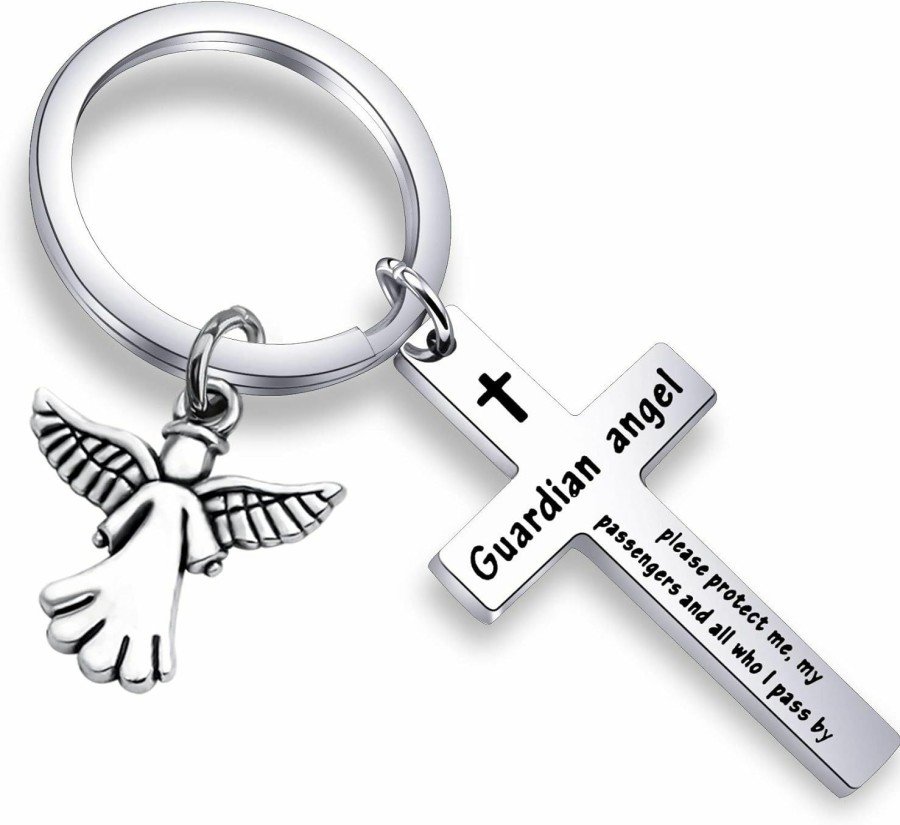 Clearance FEELMEM Feelmem Guardian Angel Prayer Cross Keychain Guardian Angel Protect Me My Passengers Drive Safe Prayer Gift