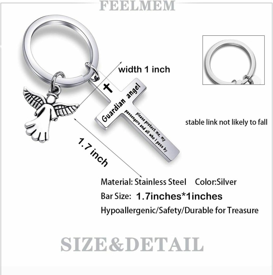 Clearance FEELMEM Feelmem Guardian Angel Prayer Cross Keychain Guardian Angel Protect Me My Passengers Drive Safe Prayer Gift