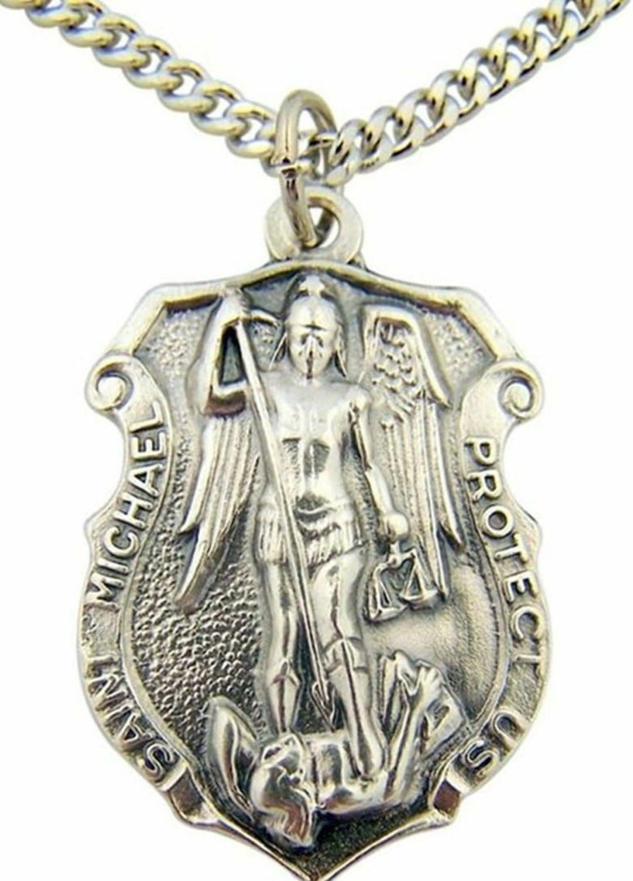 New CB Cb Silver Toned Base Police Patron Saint Michael Shield Shaped Medal, 1 1/4 Inch