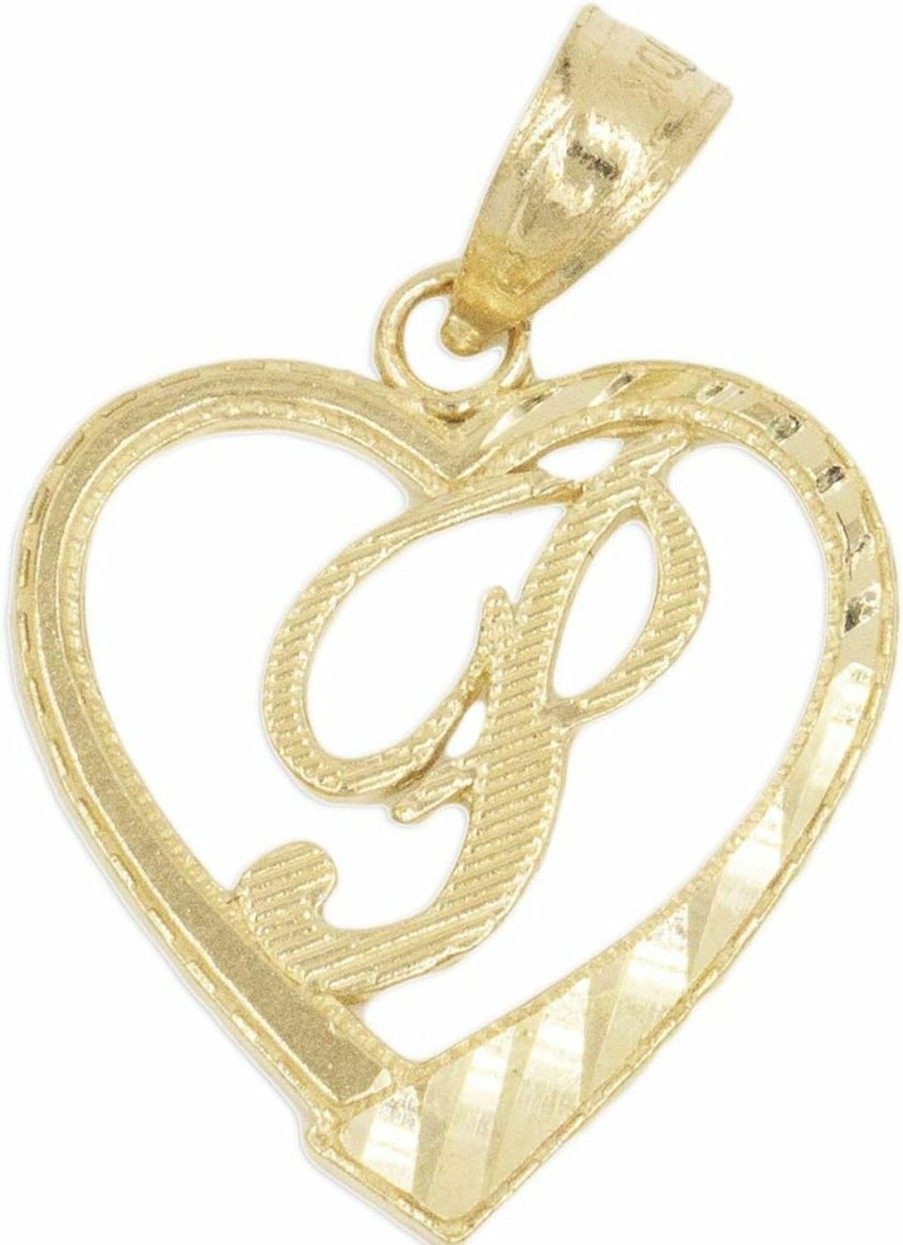 Clearance Ice on Fire Jewelry Ice On Fire Jewelry 10K Solid Gold Initial Pendant In Heart Frame With Diamond Cut Finish, Available In Different Letters Of Alphabet Personalized Charm For Women (P)