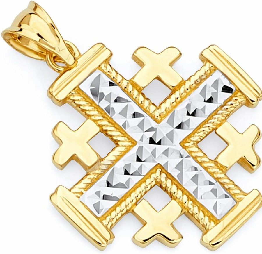 Wholesale The World Jewelry Center 14K Real Two Tone Gold Jerusalem Cross Religious Charm Pendant (Size : 25 X 18 Mm)