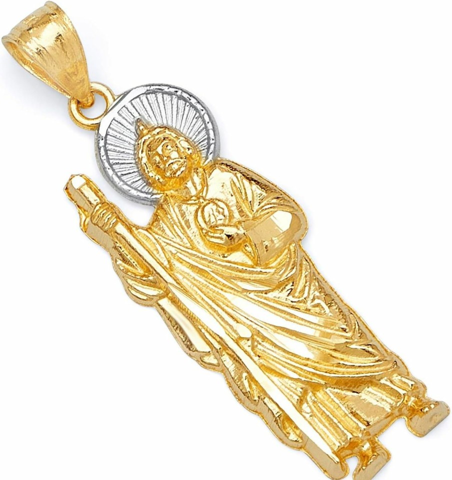 Best The World Jewelry Center 14K Real Two Tone Gold Religious Saint Jude Thaddeus Charm Pendant