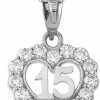 Clearance Quinceanera Jewelry .925 Sterling Silver White Cubic Zirconia Sweet 15 Anos Quinceanera Open Heart Pendant Necklace - Choice Of Necklace Chain Length Or Pendant Only