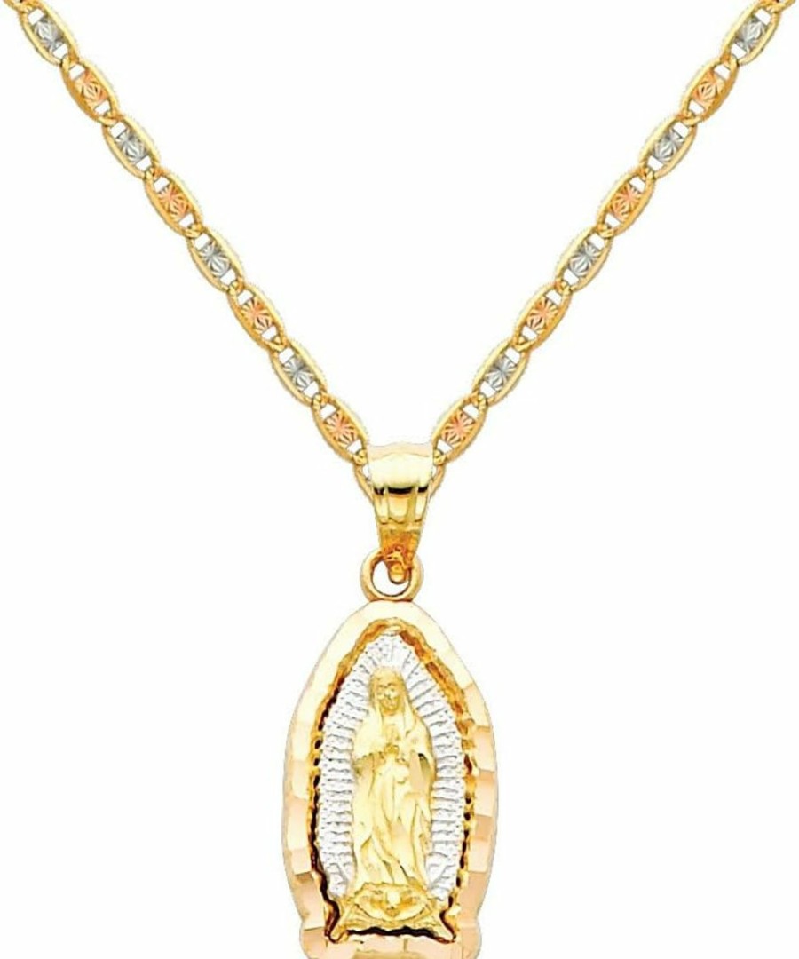 Clearance The World Jewelry Center The World Jewelry Center 14K Real Tone Gold Religious Mary Guadlupe Pendant With 1.5Mm Diamond Cut Chain Necklace