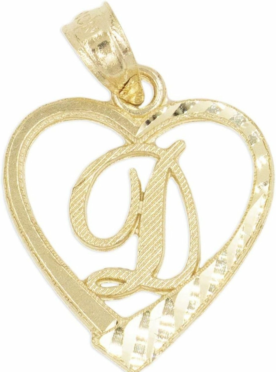 Online Ice on Fire Jewelry Ice On Fire Jewelry 10K Solid Gold Initial Pendant In Heart Frame With Diamond Cut Finish, Available In Different Letters Of Alphabet Personalized Charm For Women (D)