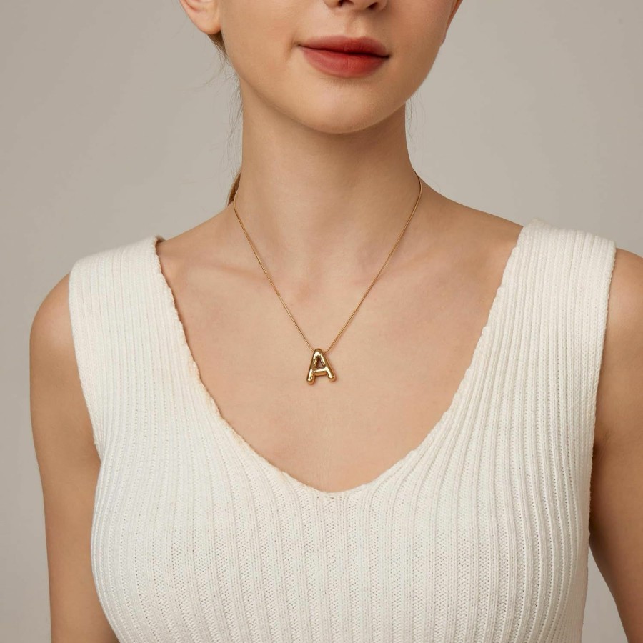 Online Kyazeo Kyazeo Bubble Letter Necklace 18K Gold Plated Balloon Initial Pendant Necklaces For Women Dainty Herringbone Chain A-Z Alphabet Necklaces Simple Jewelry Gift