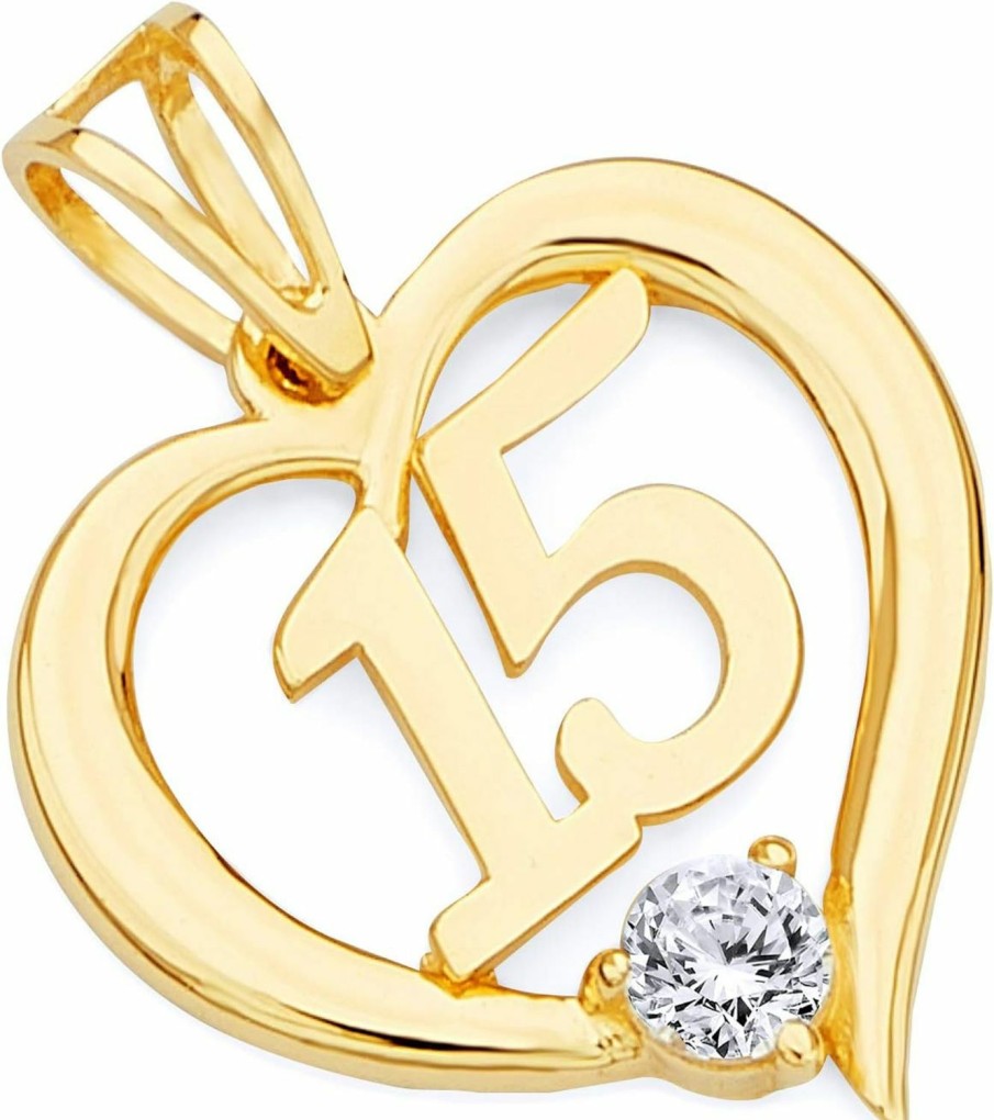 Best The World Jewelry Center 14K Real Yellow Gold Cz 15 Years Heart Charm Pendant