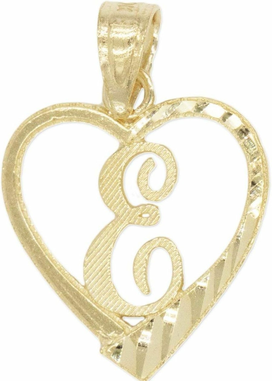 Clearance Ice on Fire Jewelry Ice On Fire Jewelry 10K Solid Gold Initial Pendant In Heart Frame With Diamond Cut Finish, Available In Different Letters Of Alphabet Personalized Charm For Women (E)