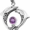 Hot S J S J .925 Sterling Silver Double Dolphin Pendant With Genuine Amethyst, Blue Topaz, Garnet ,Green Quartz Or Peridot And .70 Platinum Plating