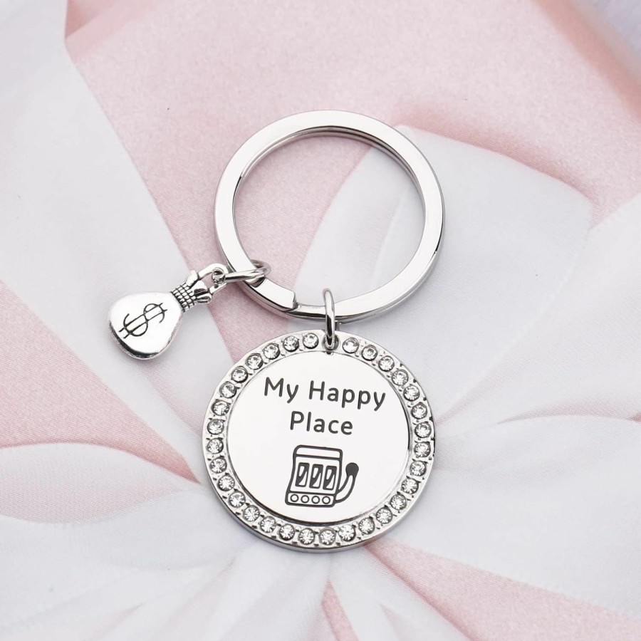 New TTJHGYQO Ttjhgyqo My Happy Place Keychain Gambling Jewelry Slot Machine Keychain Gambler Gift Casino Lover Gift Lucky 777 Jewelry