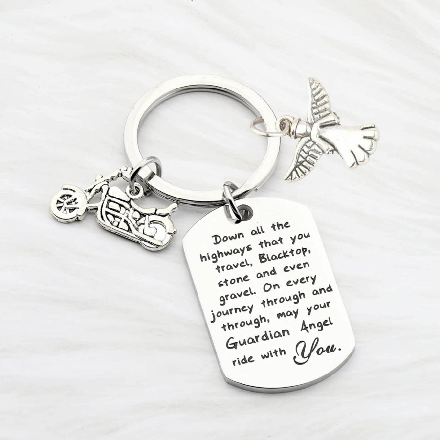 Wholesale FUSTMW Fustmw Biker Gift Keychain Motorcycle Gift Ride Safe Keychain May Your Guardian Angel Ride With You New Driver Gift Keyring