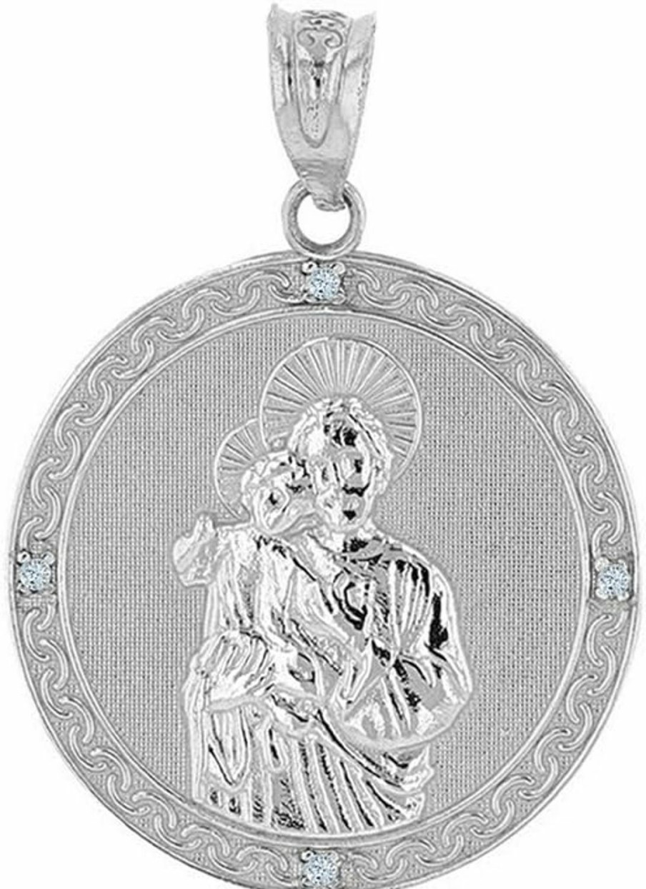 Best Saint Collection Solid 14K White Gold Saint Joseph Diamond Round Medal Charm Pendant (1\")