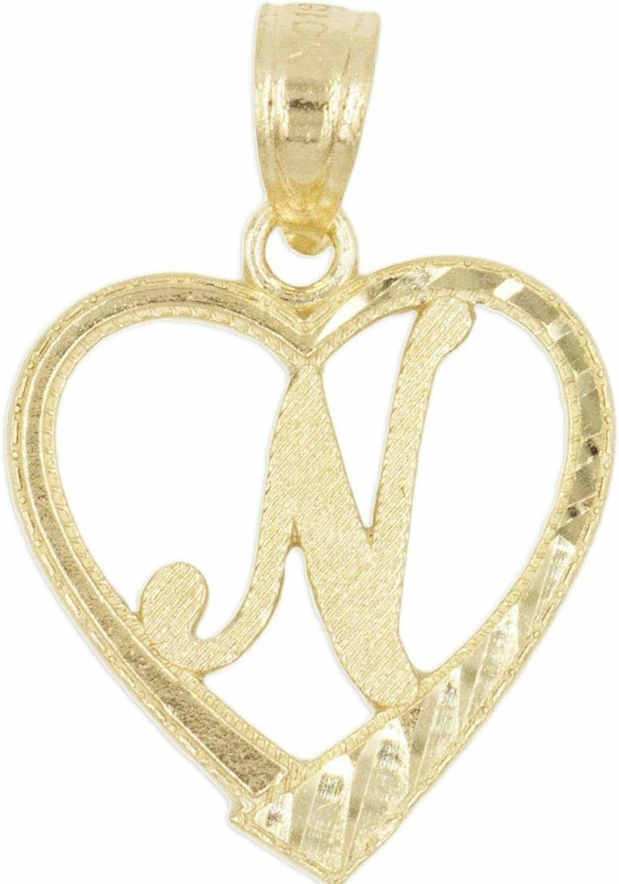 Wholesale Ice on Fire Jewelry Ice On Fire Jewelry 10K Solid Gold Initial Pendant In Heart Frame With Diamond Cut Finish, Available In Different Letters Of Alphabet Personalized Charm For Women (N)