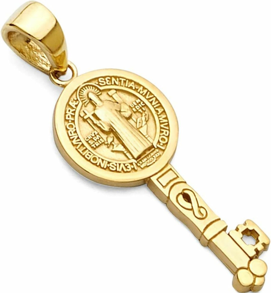 New The World Jewelry Center 14K Real Yellow Gold Saint Benito Double Side Key Charm Pendant (Size : 25 X 8 Mm)