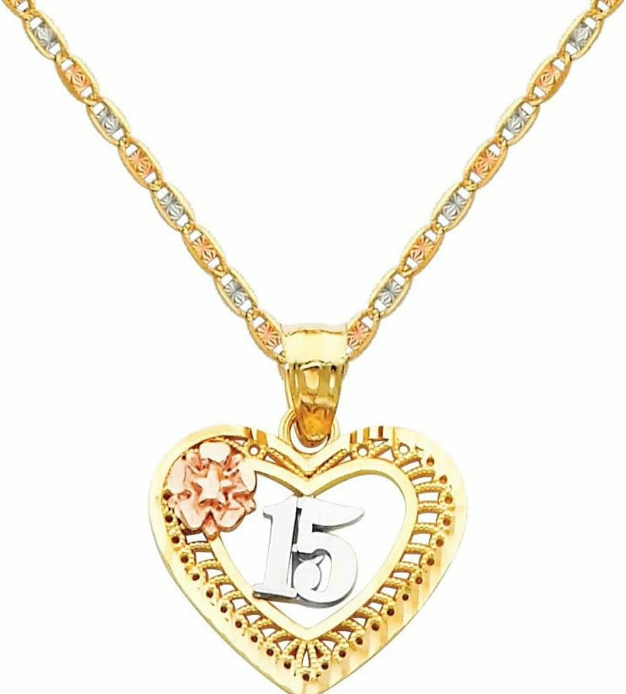 New The World Jewelry Center The World Jewelry Center 14K Tri Color Gold 15 Anos Heart Pendant With 1.5Mm Valentino Diamond Cut Chain Necklace