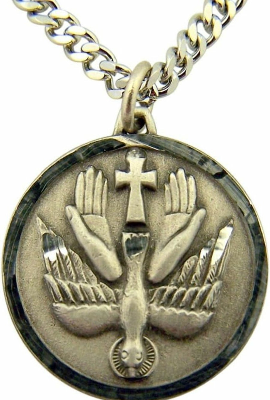 Clearance Religious Gifts Religious Gifts Pewter Holy Spirit Dove Trinity Pendant With Bright Cut Accents, 15/16 Inch