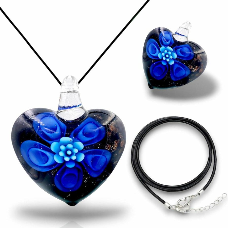 Clearance BESHEEK Besheek Handmade Murano Inspired Blown Glass Lampwork Art Heart Flower Royal And Aqua Blue Glass Pendant Handcrafted Artisan Hypoallergenic Italian Style Jewelry