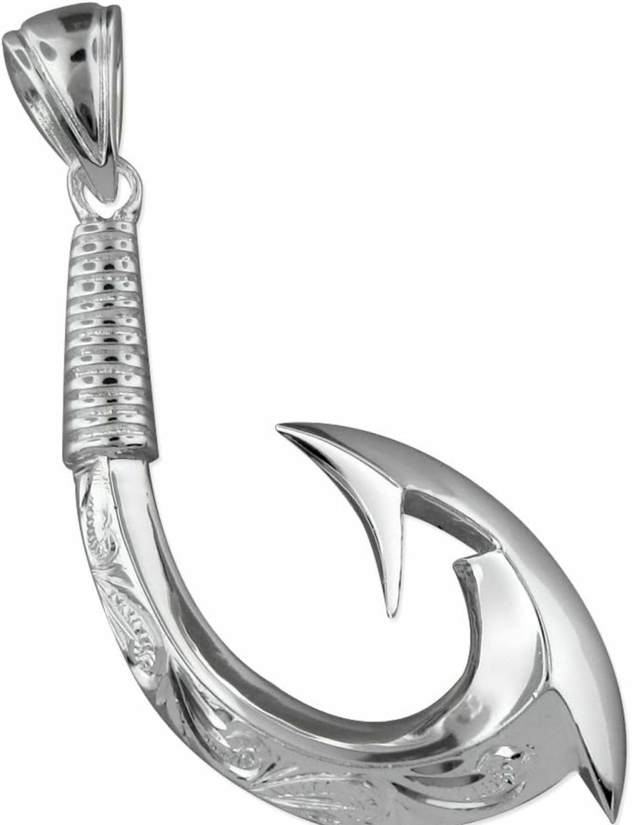 Hot Hawaiian Silver Jewelry Sterling Silver Hand Engraved Hawaiian Fish Hook Pendant