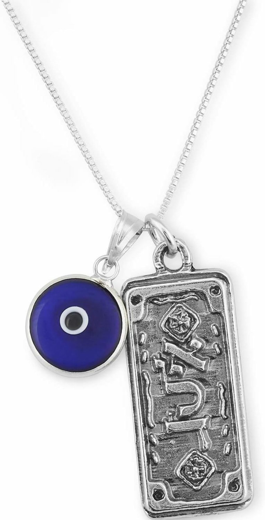 Clearance MIZZE Made for Luck Sterling Silver Protection Charm Necklace And Pendant With Evil Eye Glass Charm And Protection Amulet - 19.5\" Box Chain Length - Jewelry For Men & Women