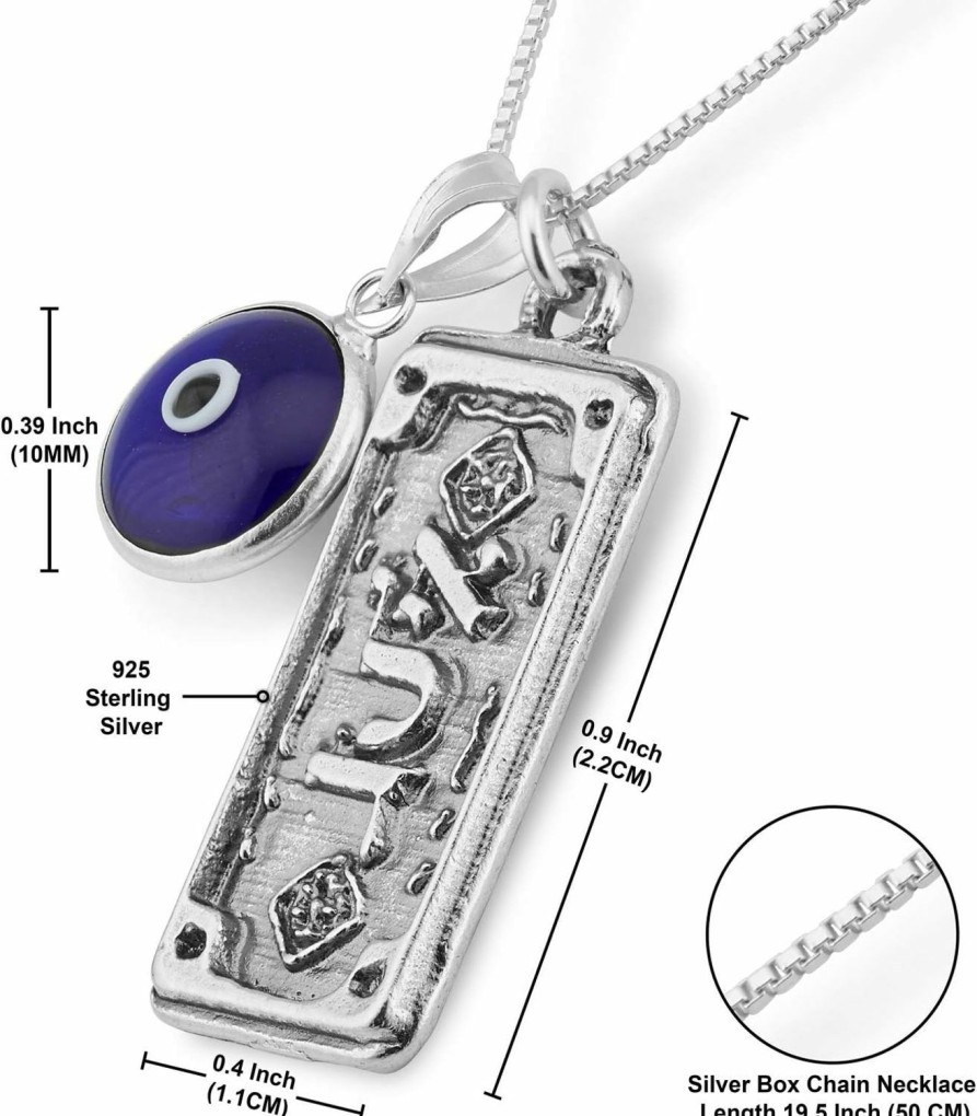 Clearance MIZZE Made for Luck Sterling Silver Protection Charm Necklace And Pendant With Evil Eye Glass Charm And Protection Amulet - 19.5\" Box Chain Length - Jewelry For Men & Women