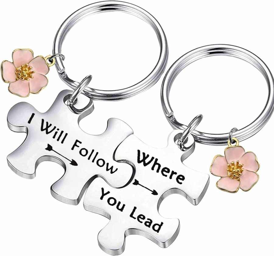 Best FEELMEM Feelmem Where You Lead I Will Follow Couples Puzzle Piece Keychains For Best Friends Mother Daughter Gifts Friendship Jewelry Bbf Gift(Flower Charm)