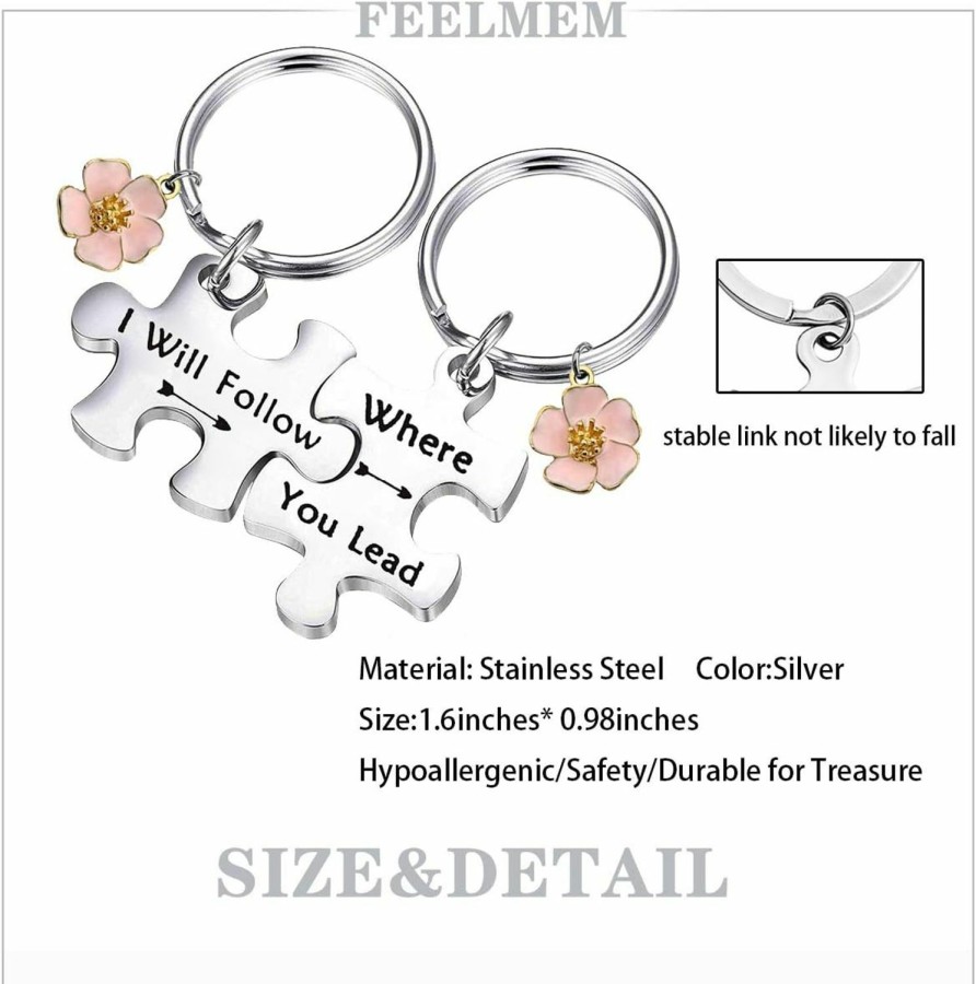 Best FEELMEM Feelmem Where You Lead I Will Follow Couples Puzzle Piece Keychains For Best Friends Mother Daughter Gifts Friendship Jewelry Bbf Gift(Flower Charm)