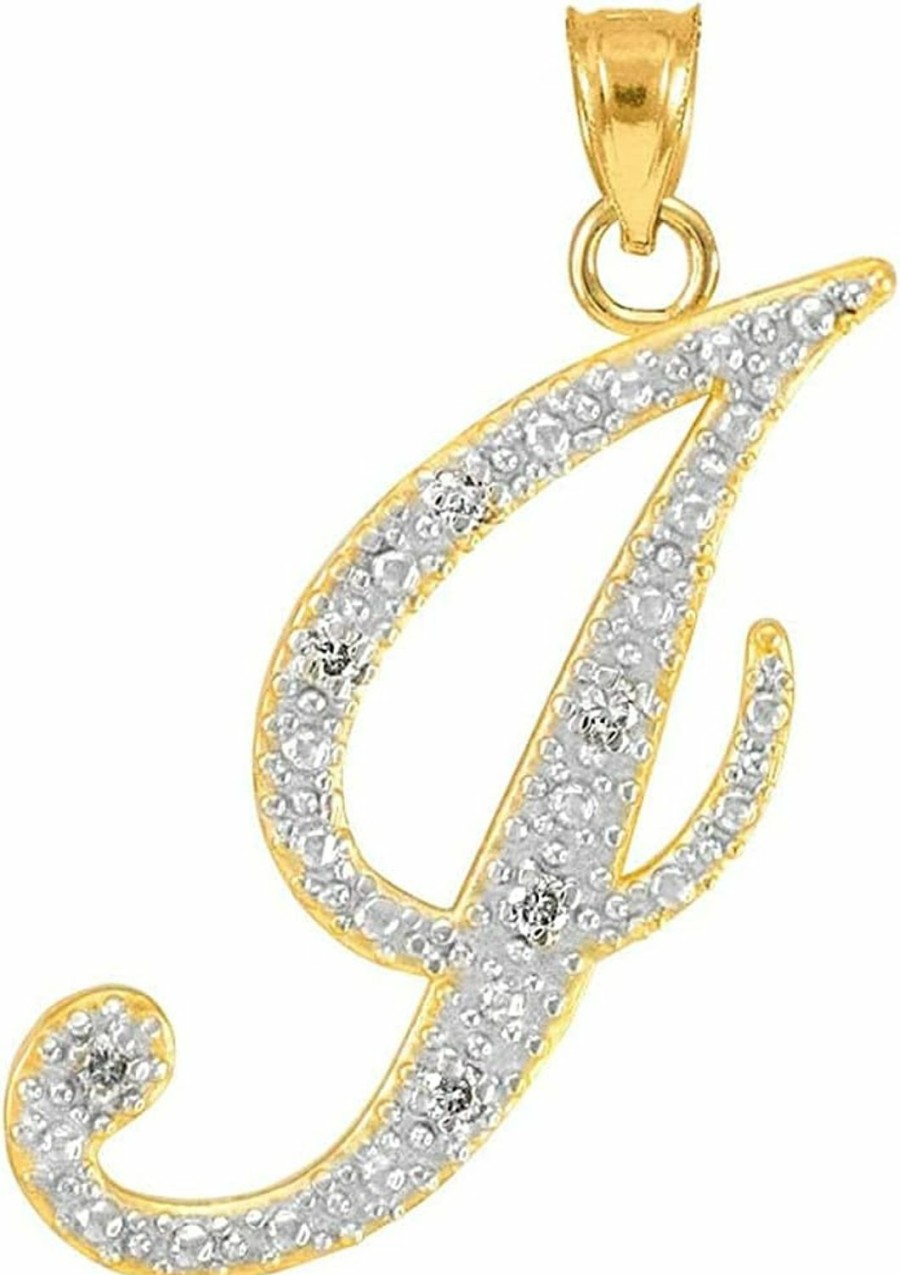 Clearance Claddagh Gold 14K Gold Diamond Accented Fine Dangling Cursive Initial A-Z Charm 3/4" Pendant (J-K Color, I1-I2 Clarity) - Choice Of Initial Letter And Gold Color