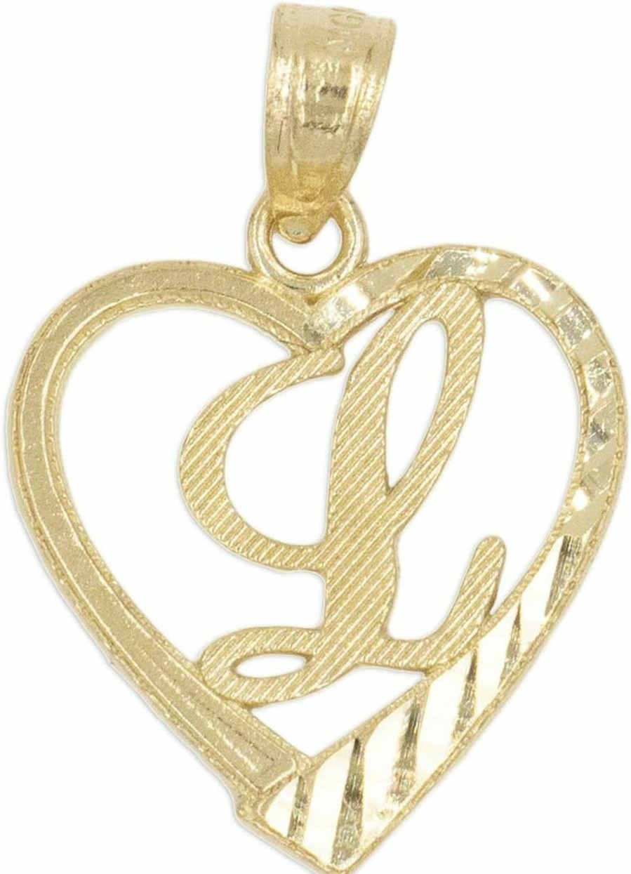 Clearance Ice on Fire Jewelry Ice On Fire Jewelry 10K Solid Gold Initial Pendant In Heart Frame With Diamond Cut Finish, Available In Different Letters Of Alphabet Personalized Charm For Women (L)