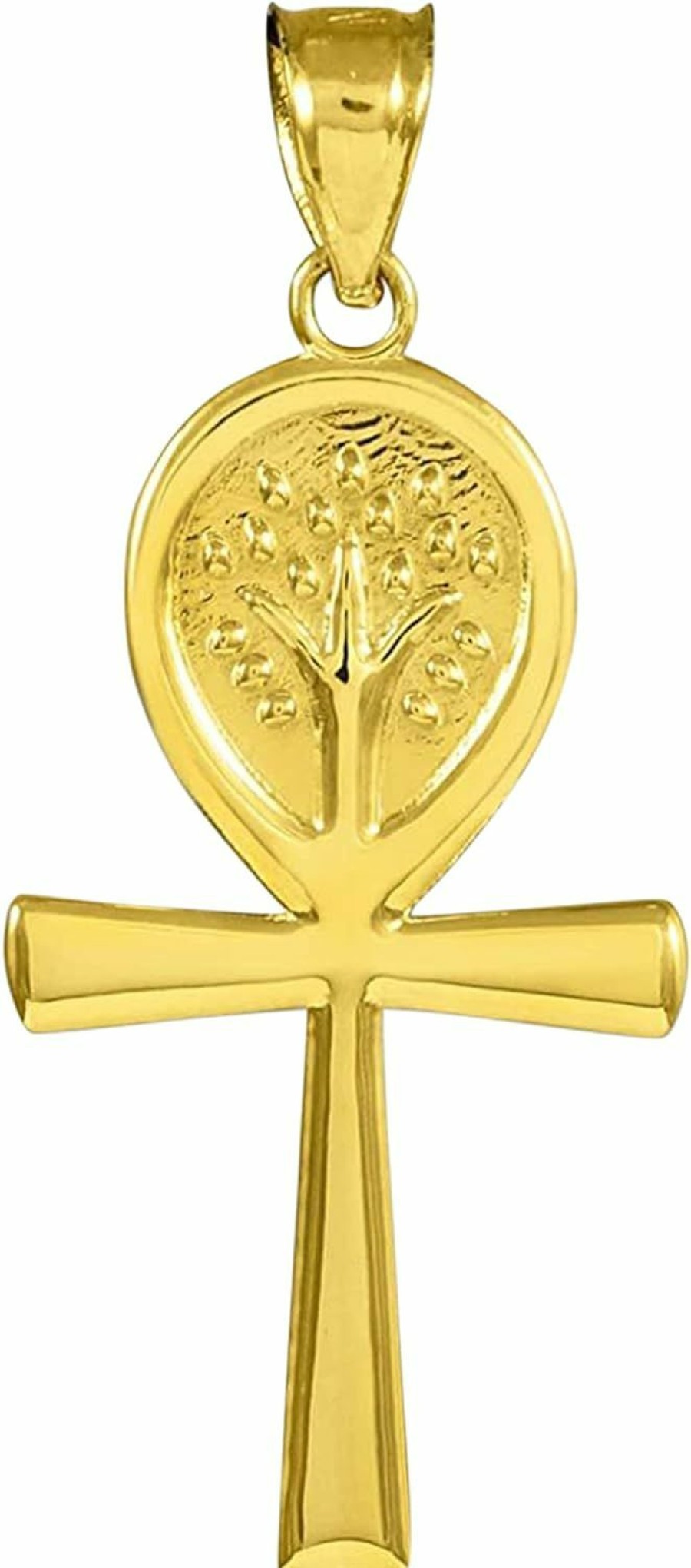 Clearance Claddagh Gold 14K Yellow Gold 1-3/8\" Hybrid Ankh & Tree Of Life Design Egyptian Key Of Life With Yggdrasil Pendant Charm