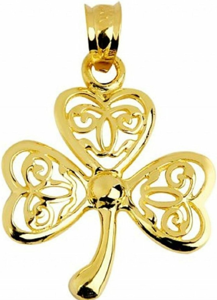 Best Claddagh Gold 14K Yellow Gold Filigree-Style Irish Clover Charm Pendant