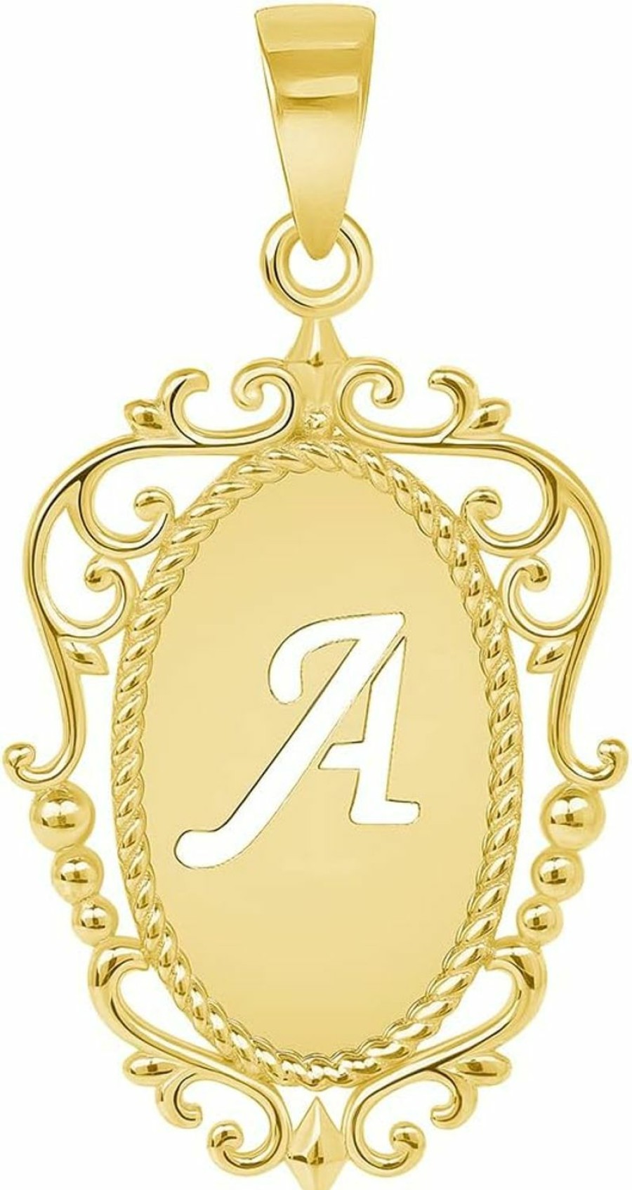 Hot Jewelry America Jewelry America 14K Yellow Gold Elegant Filigree Oval Uppercase Initial Script Letter Plate Pendant - A To Z