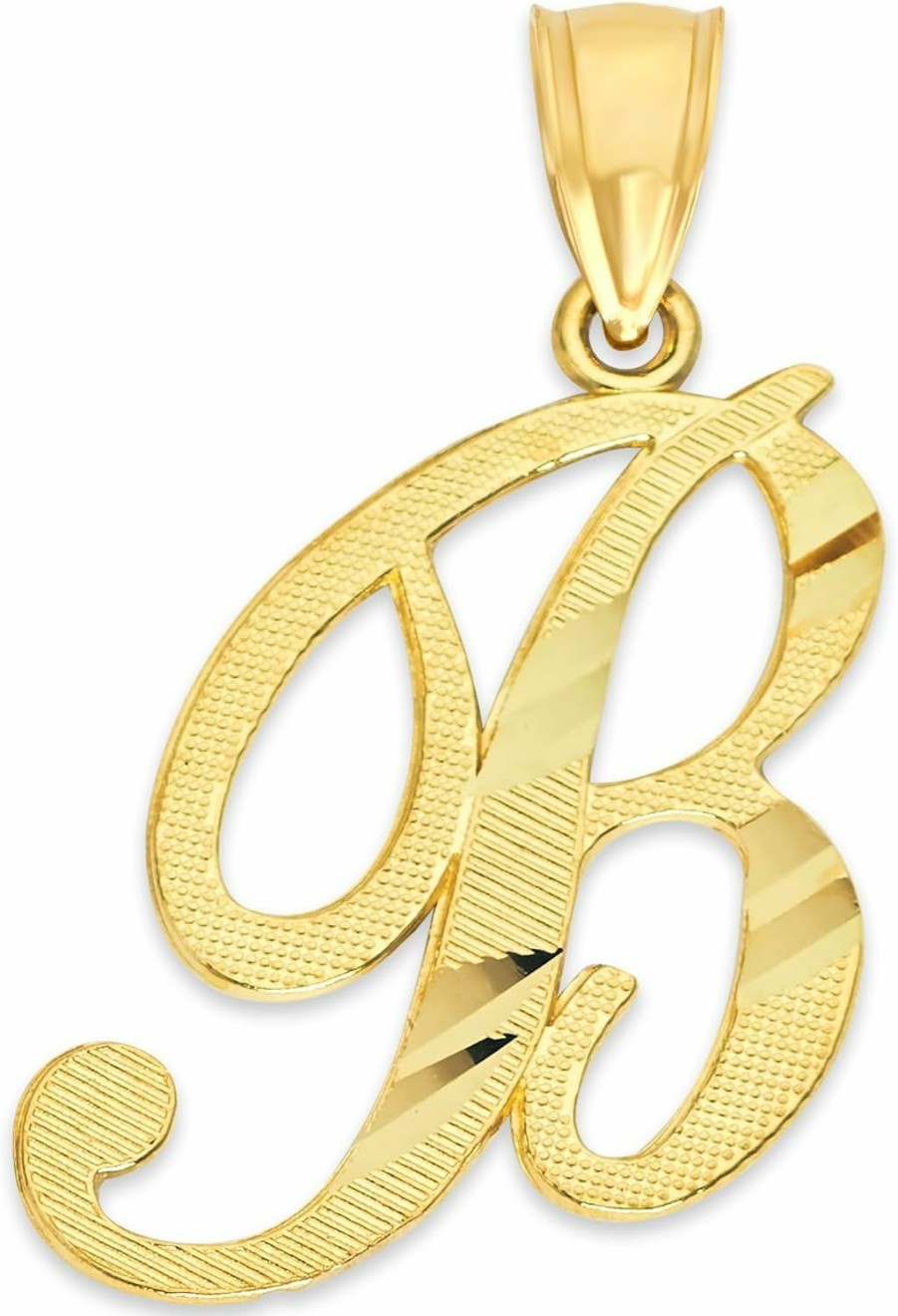 Wholesale Ice on Fire Jewelry Ice On Fire Jewelry 10K Solid Real Gold Cursive Initial Pendant, English Alpahbet A-Z Letter Charm With Diamond Cut (B)