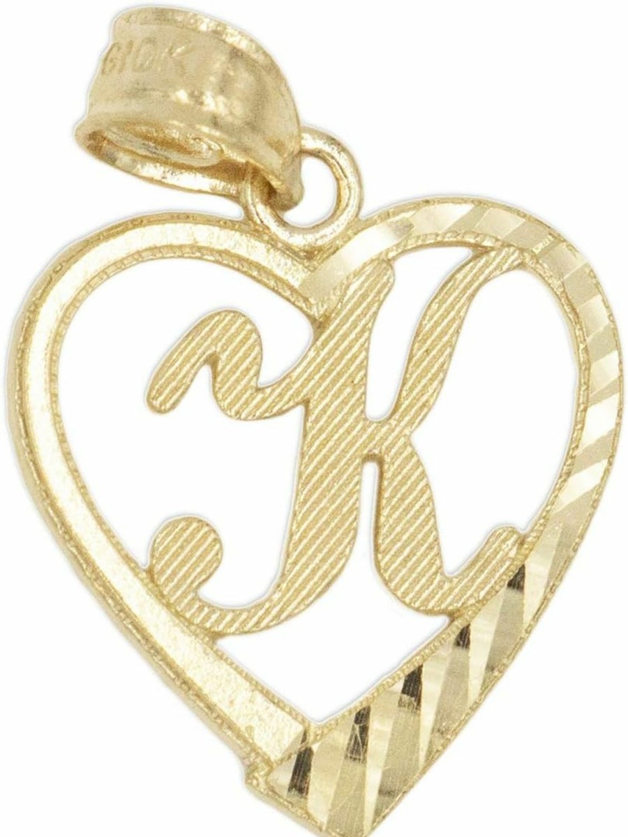 Hot Ice on Fire Jewelry Ice On Fire Jewelry 10K Solid Gold Initial Pendant In Heart Frame With Diamond Cut Finish, Available In Different Letters Of Alphabet Personalized Charm For Women (K)