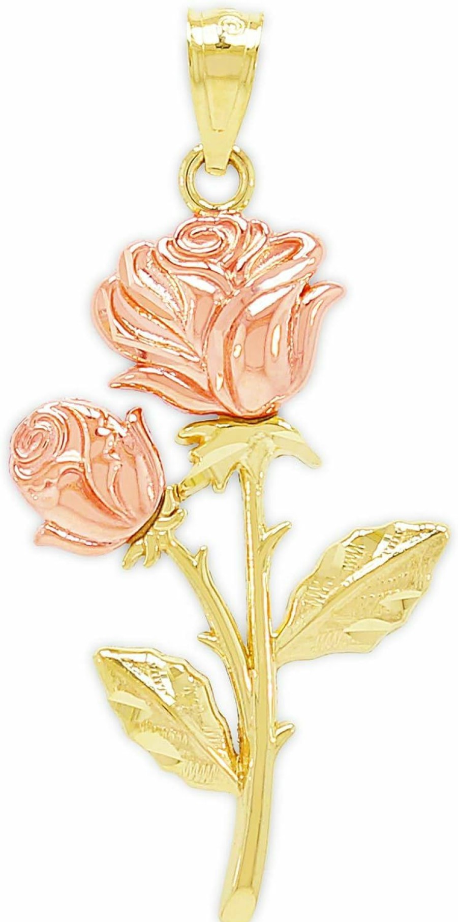 Best CA CHARMAMERICA Ca Charmamerica Gold Long Stem Rose Charm - Rose Pendant Charm - Mother'S Day Gift, Birthday Gift - Rose Flower Dangle Charm -10 Karat Solid Yellow And Rose Gold