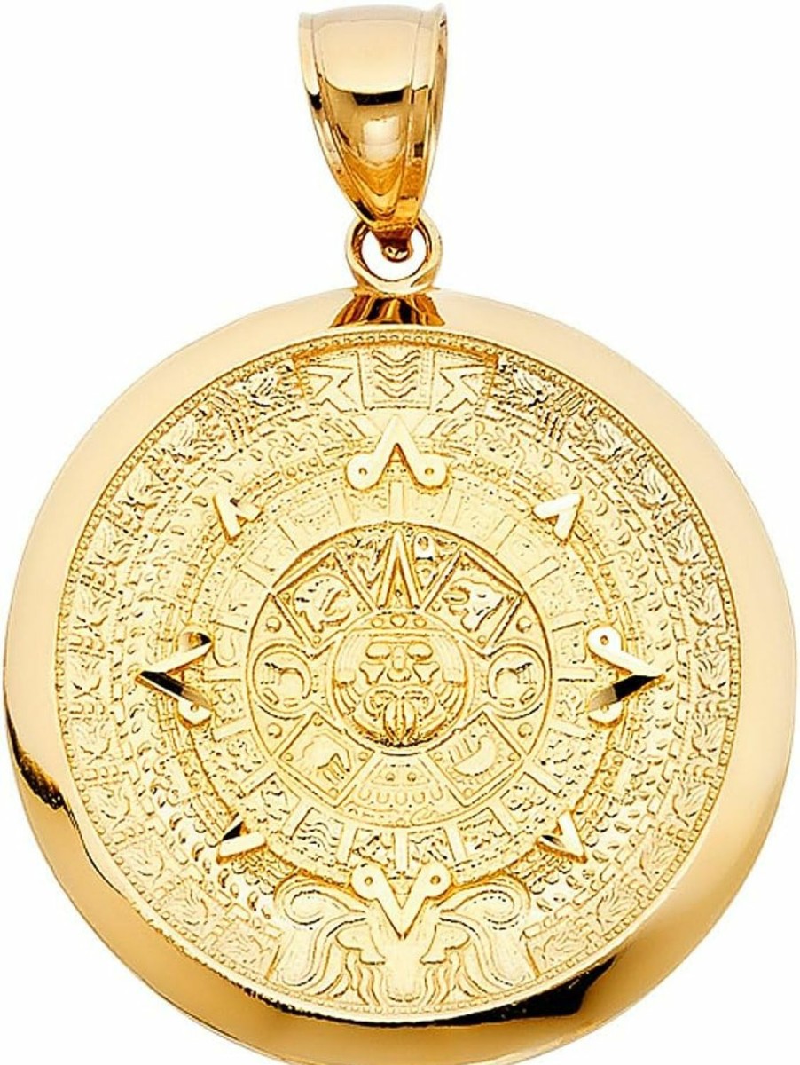 Hot TGDJ Tgdj 14K Yellow Gold Aztec Mayan Calendar Charm Pendant, Diamond-Cut Ornate, Handmade Spiritual Symbol, Gold Stamped Fine Jewelry, Great Gift For Men & Women, 1.4\" Diameter