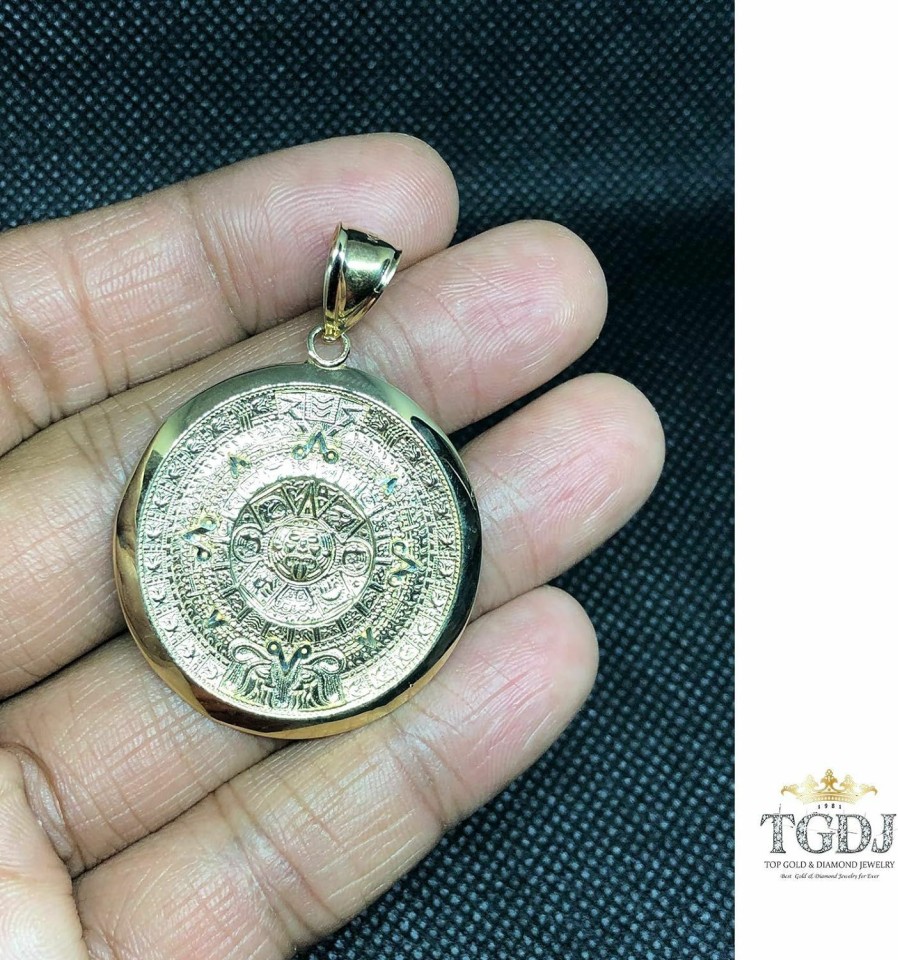 Hot TGDJ Tgdj 14K Yellow Gold Aztec Mayan Calendar Charm Pendant, Diamond-Cut Ornate, Handmade Spiritual Symbol, Gold Stamped Fine Jewelry, Great Gift For Men & Women, 1.4\" Diameter