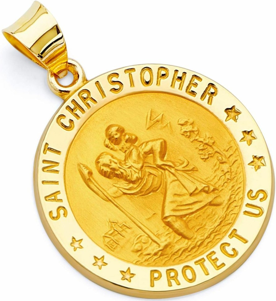 New The World Jewelry Center 14K Real Yellow Gold Hollow Religious Saint Christopher Charm Pendant