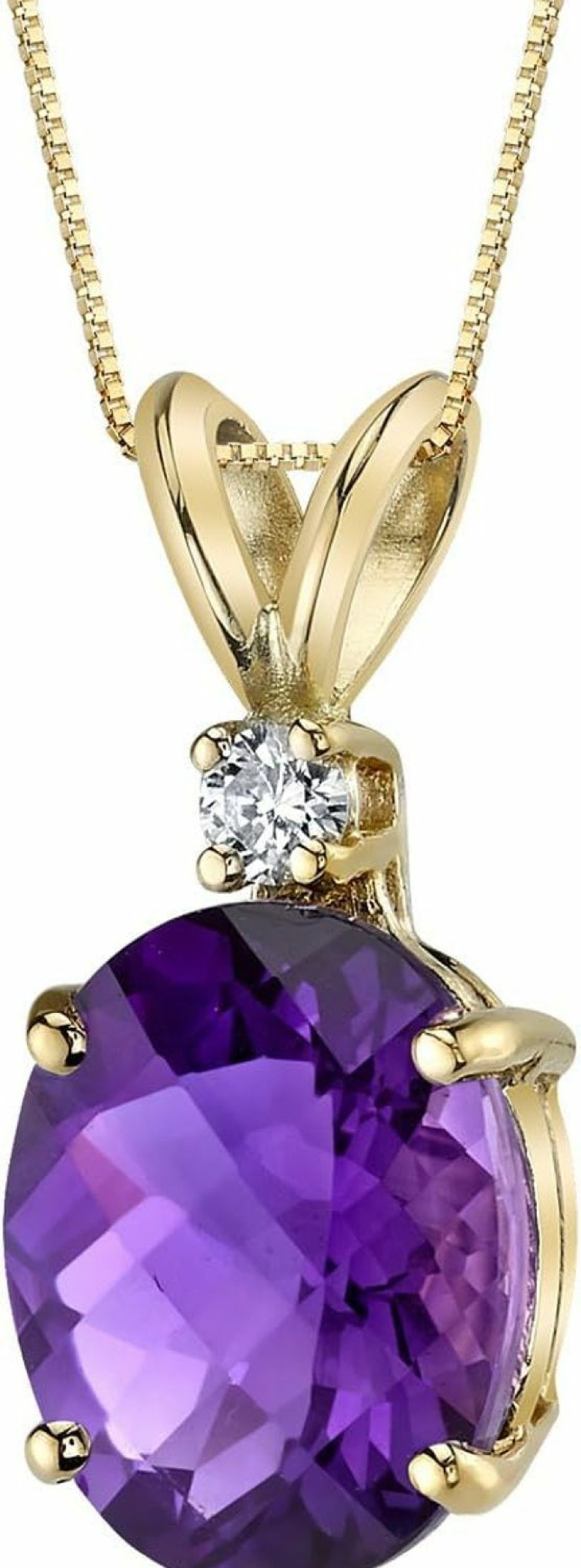 New PEORA Peora 14K Yellow Gold Amethyst And Diamond Pendant For Women, Genuine Gemstone Birthstone Elegant Solitaire, Oval Shape, 10X8Mm, 2 Carats Total