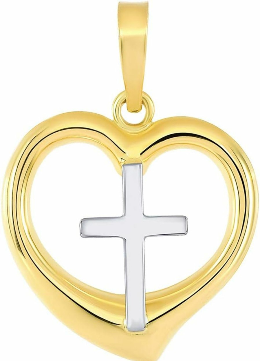 Online Jewelry America Jewelry America 14K Two-Tone Gold Religious Cross Charm In 3D Heart Charm Pendant