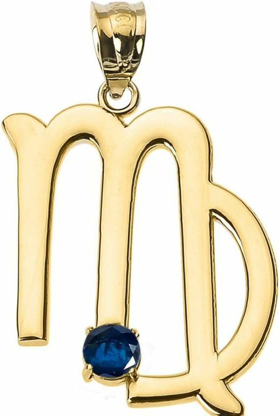 Best Claddagh Gold Astrology Jewelry Personalized 14K Yellow Gold Genuine Blue Sapphire September Birthstone Virgo Zodiac Charm Pendant