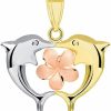 Clearance Jewelry America Jewelry America 14K Tri Color Gold Kissing Dolphins With Hawaiian Plumeria Flower Pendant