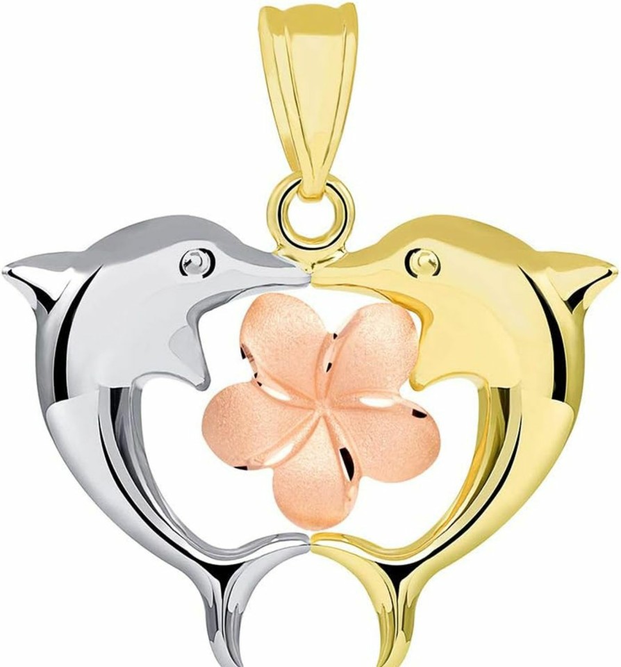 Clearance Jewelry America Jewelry America 14K Tri Color Gold Kissing Dolphins With Hawaiian Plumeria Flower Pendant