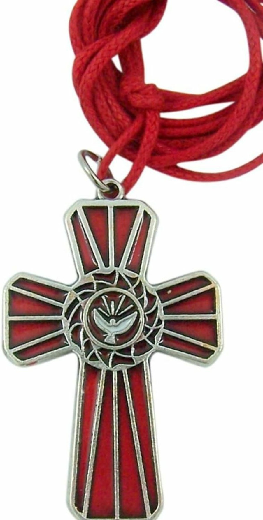 New Confirmation Jewelry Gifts Silver Tone Red Enamel Confirmation Holy Spirit Cross Pendant, 2 Inch