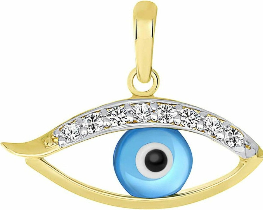 Best Evil Eye by Jewelry America 14K Yellow Gold Dainty Blue Open Evil Eye Charm Pendant With Cubic Zirconia Stones