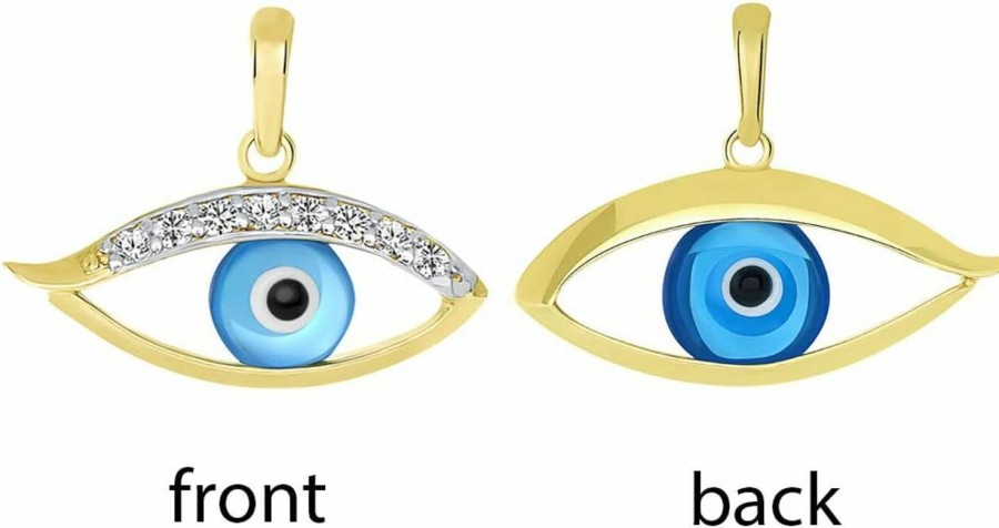 Best Evil Eye by Jewelry America 14K Yellow Gold Dainty Blue Open Evil Eye Charm Pendant With Cubic Zirconia Stones