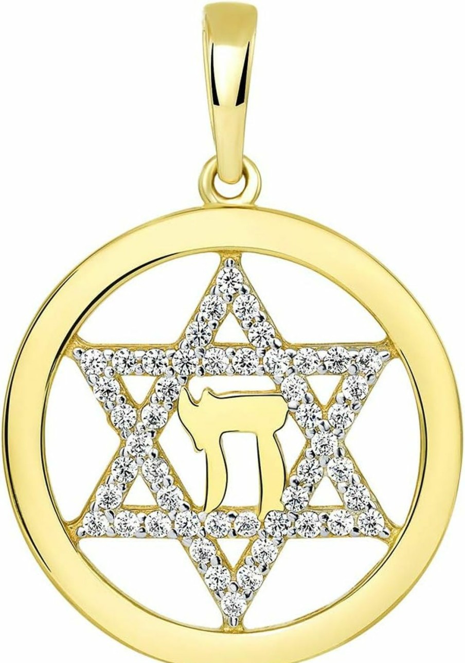 New Jewelry America Jewelry America 14K Yellow Gold Round Cz Jewish Star Of David With Chai Symbol Pendant