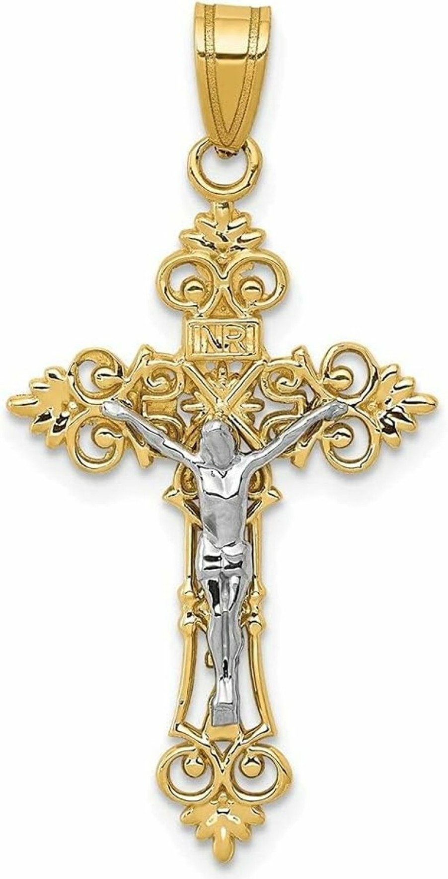 Best Auriga Fine Jewelry Auriga Fine Jewelry 14K Two-Tone Gold Medium Lacey-Edged Inri Crucifix Cross Pendant For Women (L- 1.38 Inch, W- 0.71 Inch)