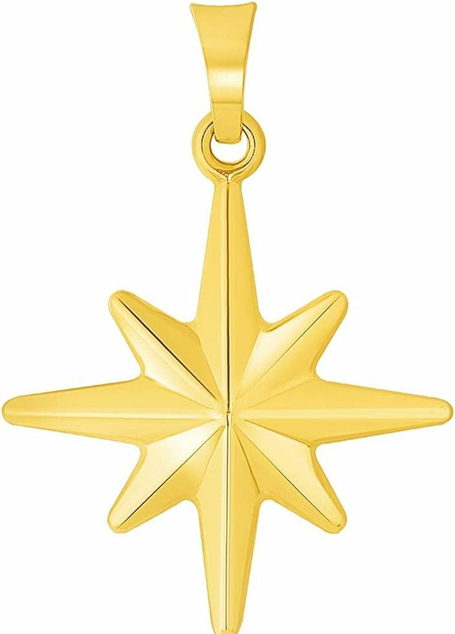 Hot Jewelry America 14K Yellow Gold 3D 8 Pointed North Star Pendant