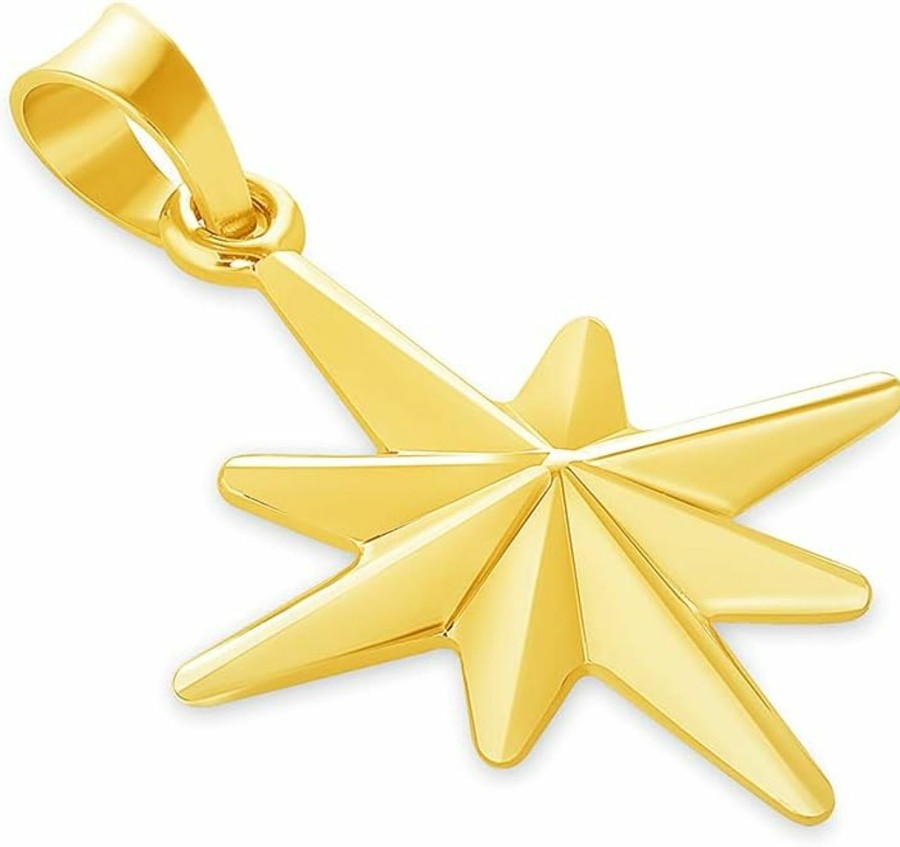 Hot Jewelry America 14K Yellow Gold 3D 8 Pointed North Star Pendant