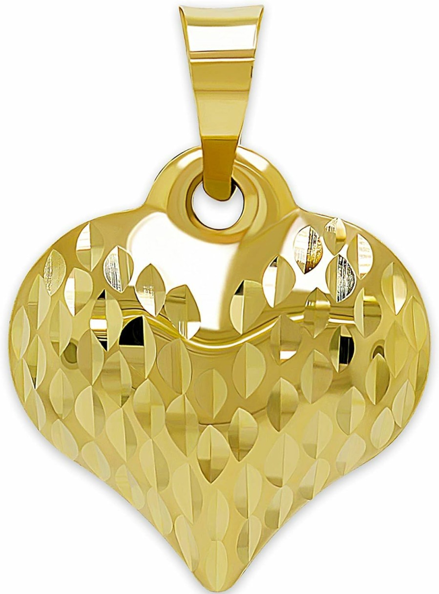 Hot CA CHARMAMERICA Charm America - Gold Puffed Heart Charm - 14 Karat Gold - High Polish Diamond-Cut Heart Pendant - 3D Heart Jewelry - Great For Gifts